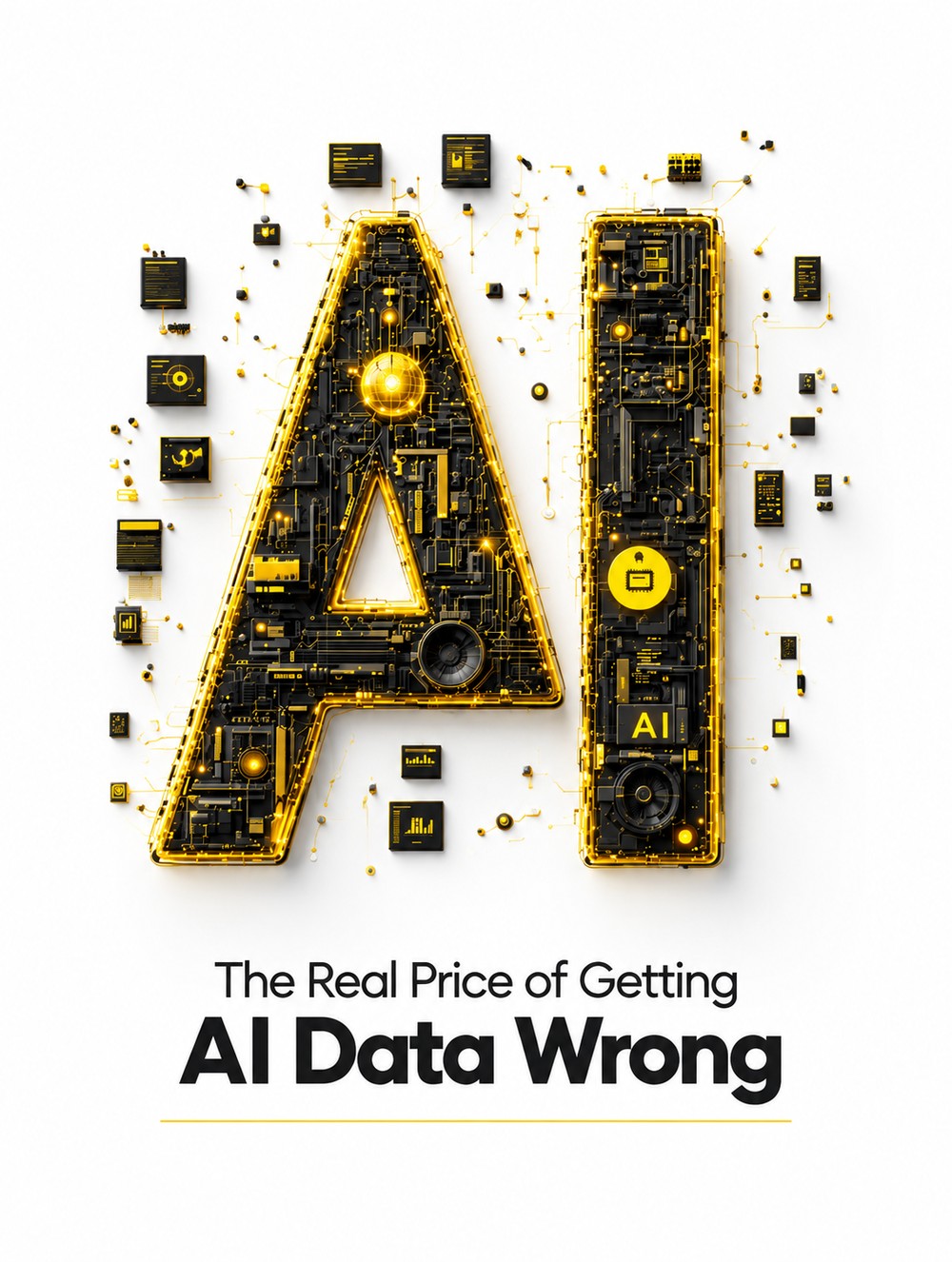 Yellow and black circuit-board letters spelling AI