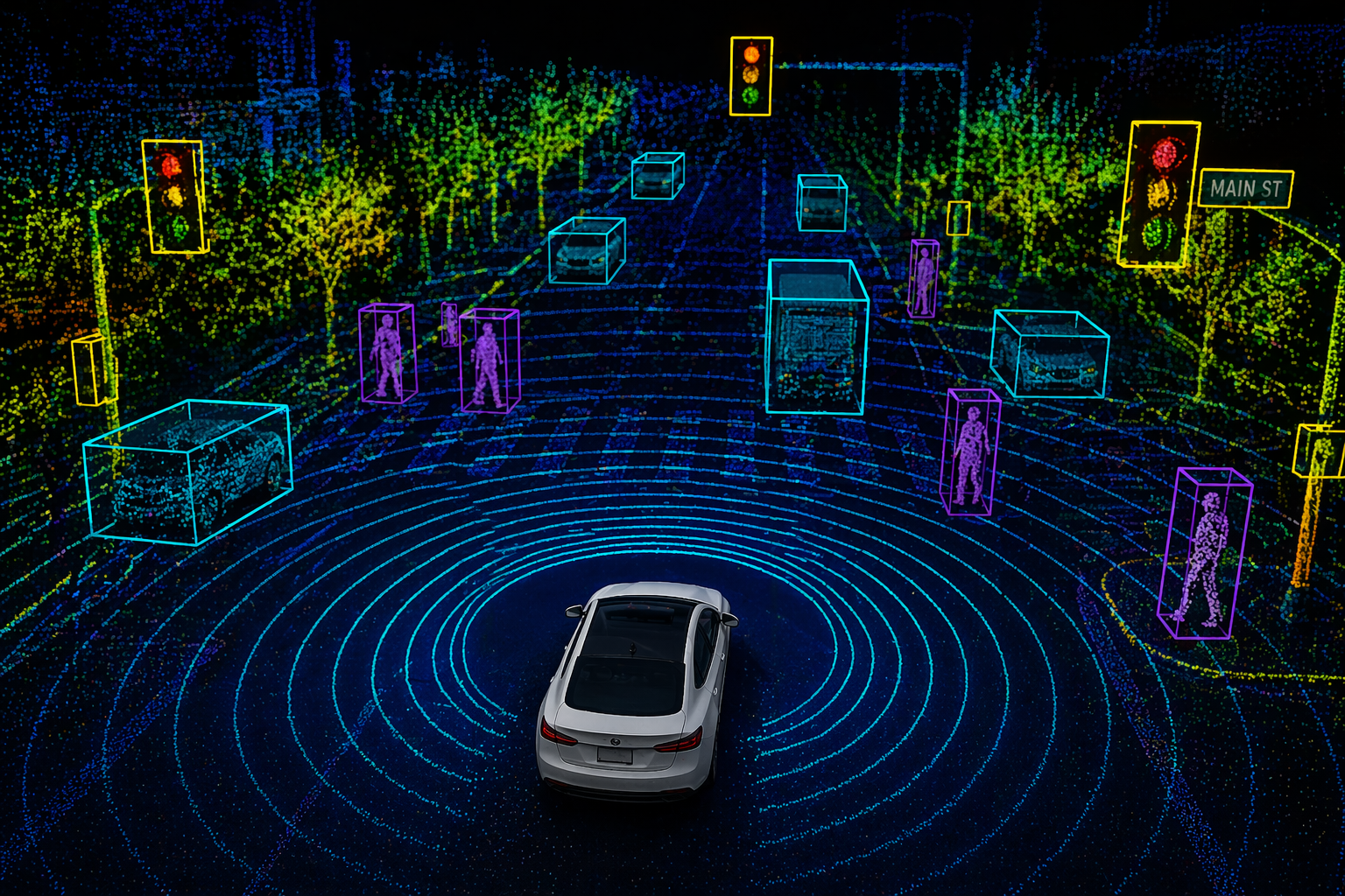 3D cuboid annotation on a point-cloud street scene with orientation-aware boxes around vehicles, pedestrians, and traffic lights.