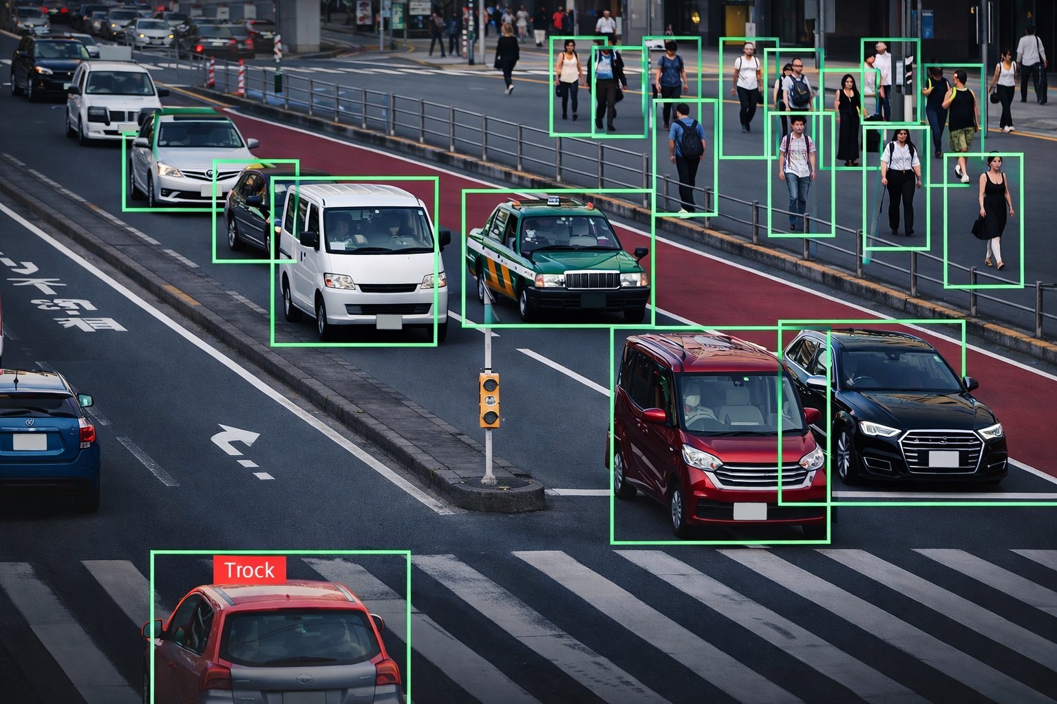 Bounding box annotation on a street scene showing pedestrians and vehicles labelled with tight 2D boxes.