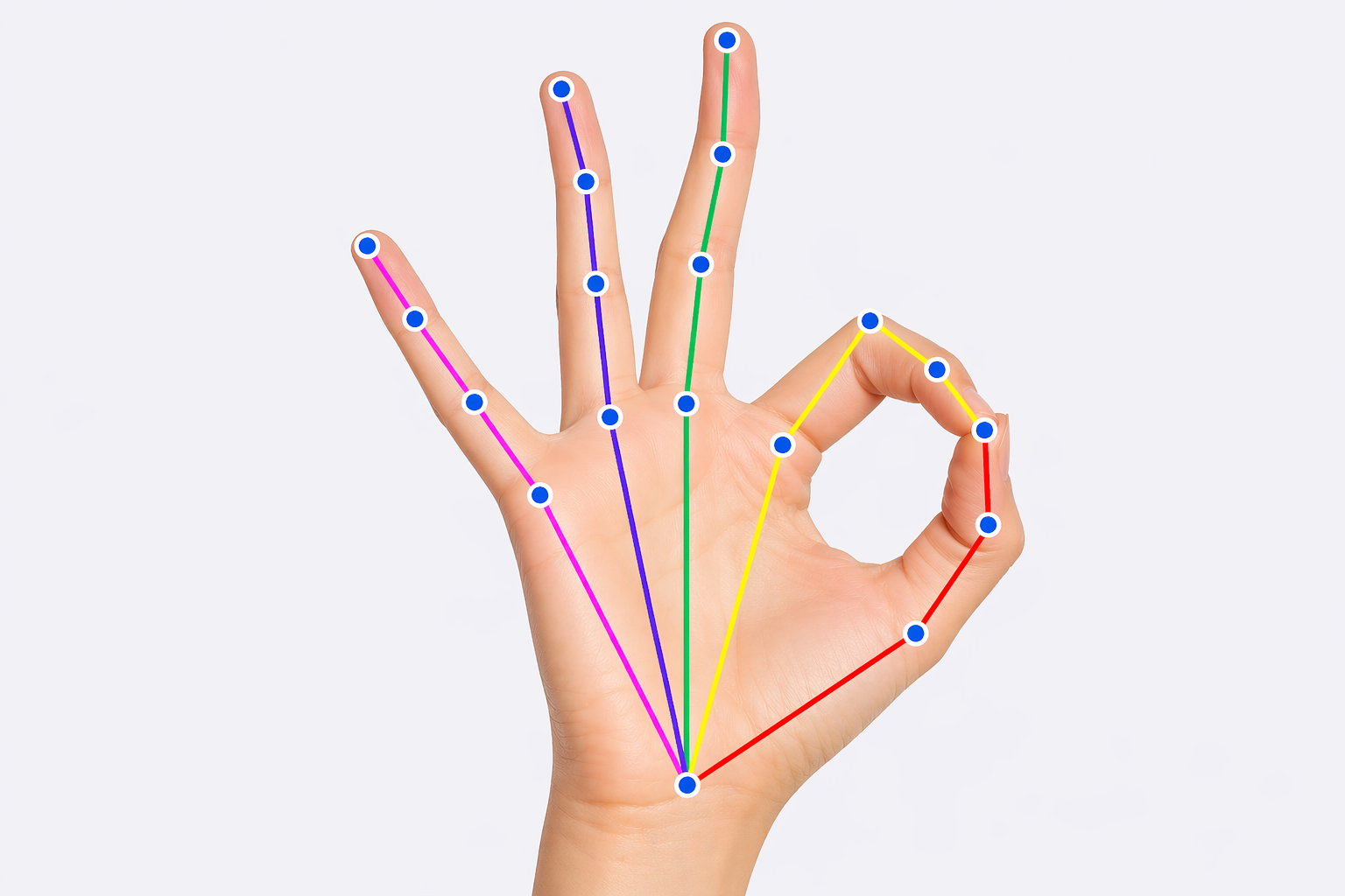 Hand-pose keypoint annotation showing 21 joint landmarks connected by coloured bone segments across the fingers and palm.