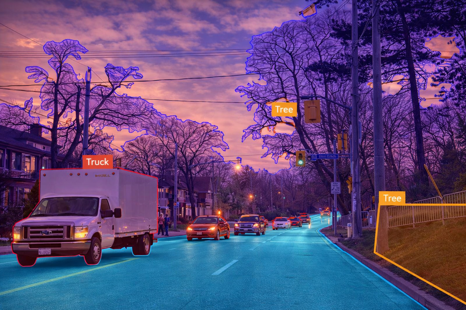 Polygon annotation on a street scene with truck and trees labelled as instances