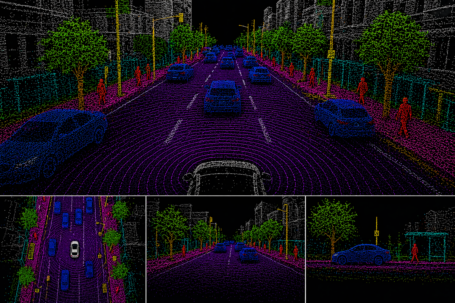 3D semantic segmentation of a street scene with per-point class colours — drivable surface, vehicles, pedestrians, vegetation, buildings, and poles — with three additional viewpoints below.